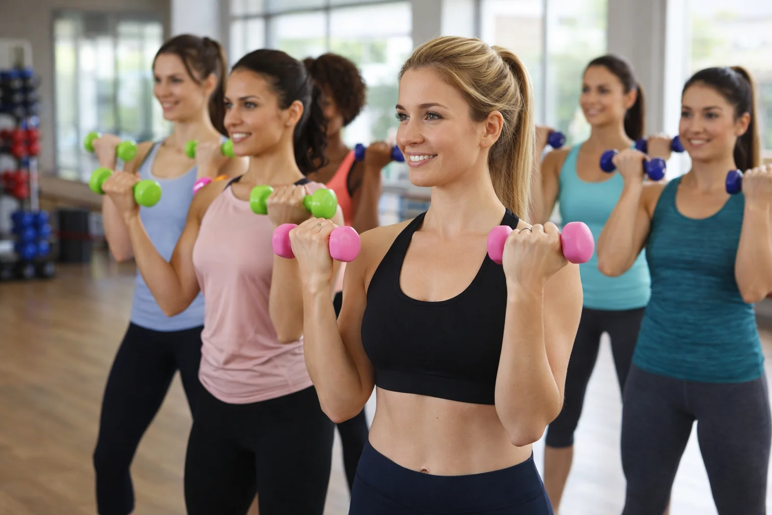 group fitness workout with women lifting dumbbells strength training iifym lifestyle